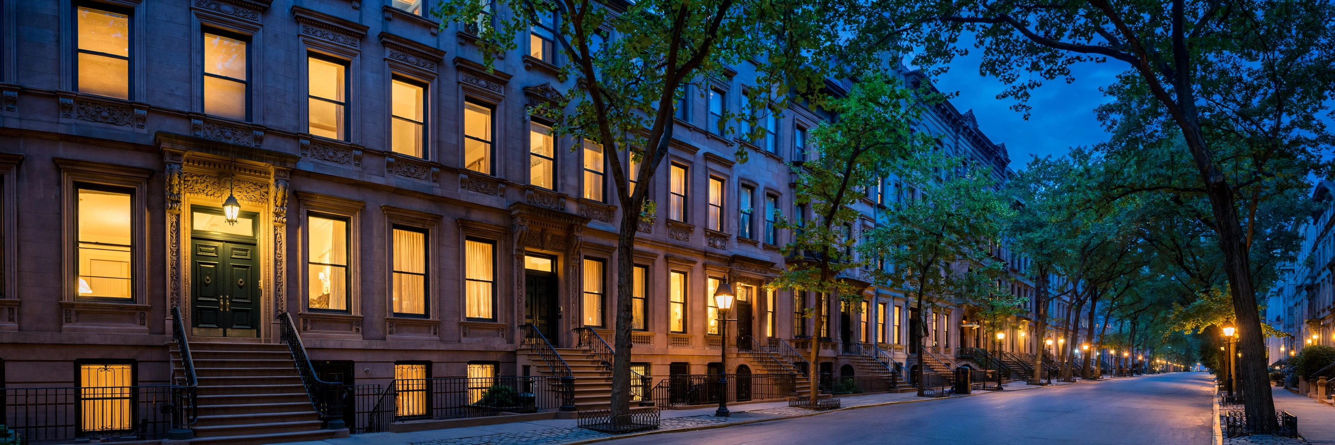 Carroll Gardens brownstones at dusk